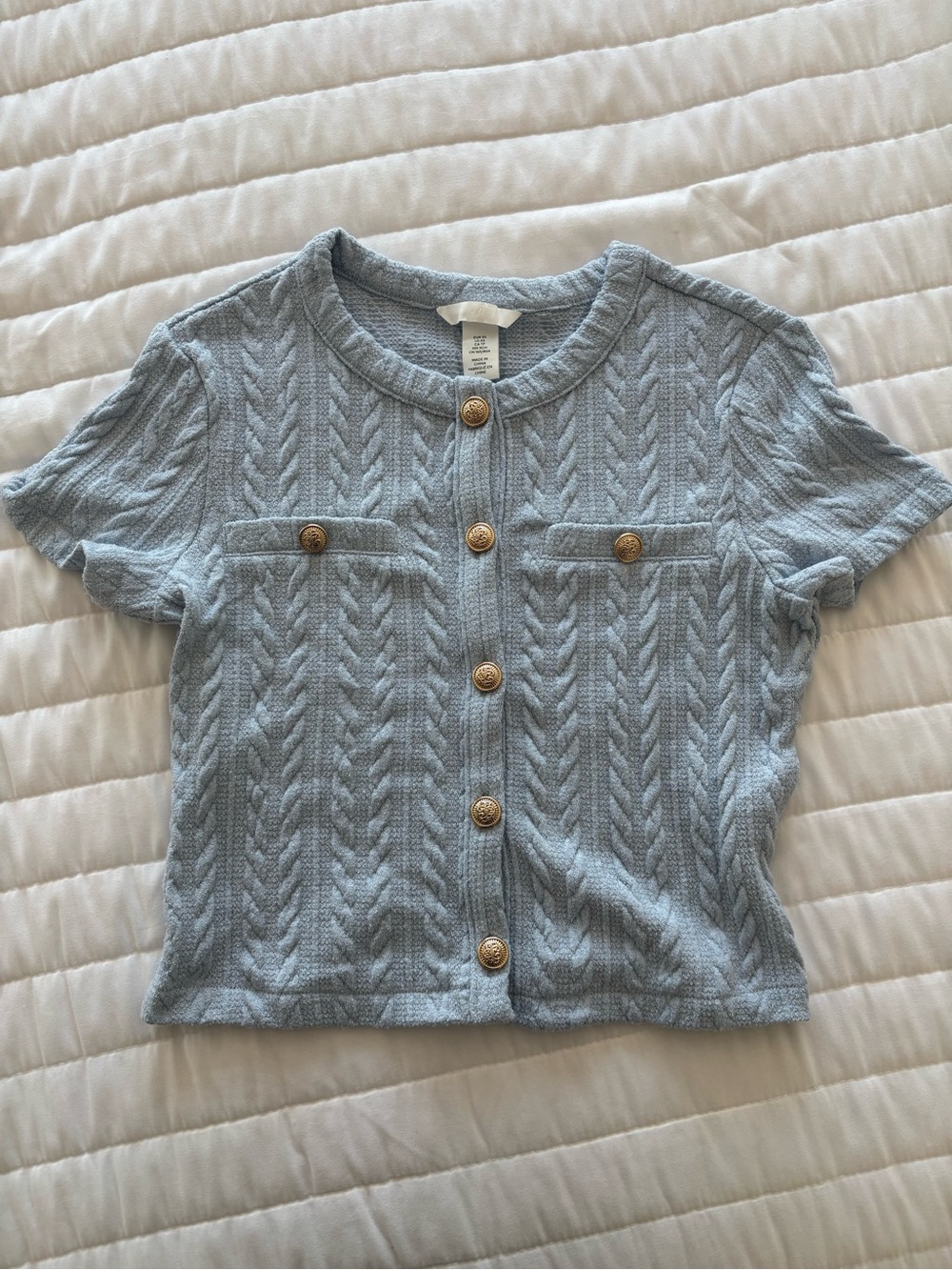 H&M Light Blue Cable-Knit Short Sleeve Button Cardigan